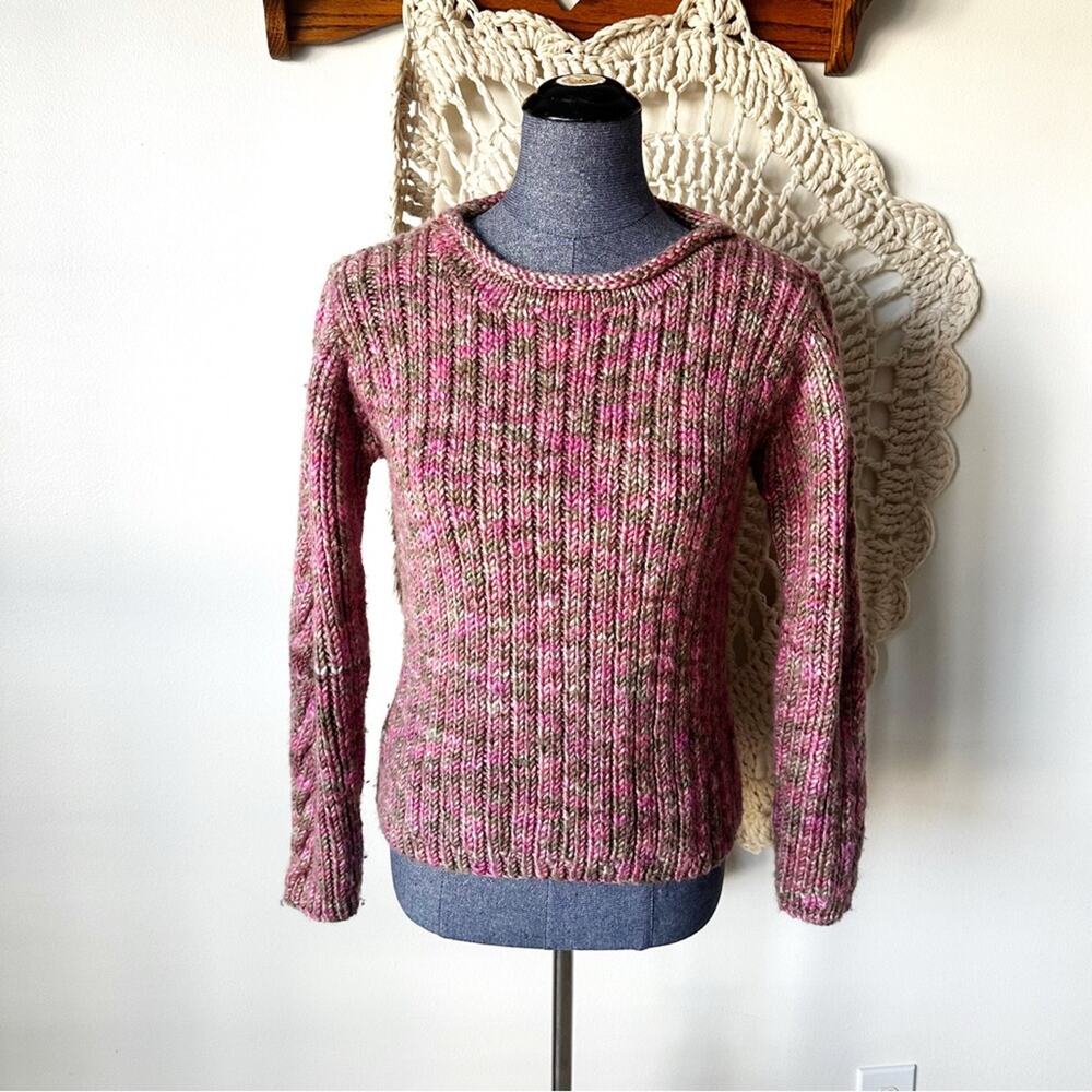 Vintage Y2K Hand Knit Pink and Green Wool Sweater Size Small
